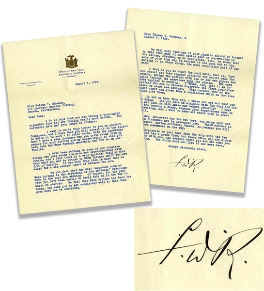 Very Candid Franklin D. Roosevelt Letter Signed, Telling His Long-Time Physical Therapist to Take a Leave of Absence -- ''...We feel that Warm Springs has been the loser...''